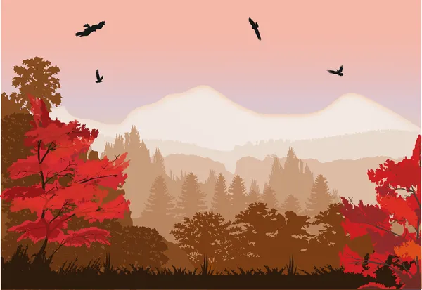 Bosque de otoño rojo cerca de montañas — Vector de stock