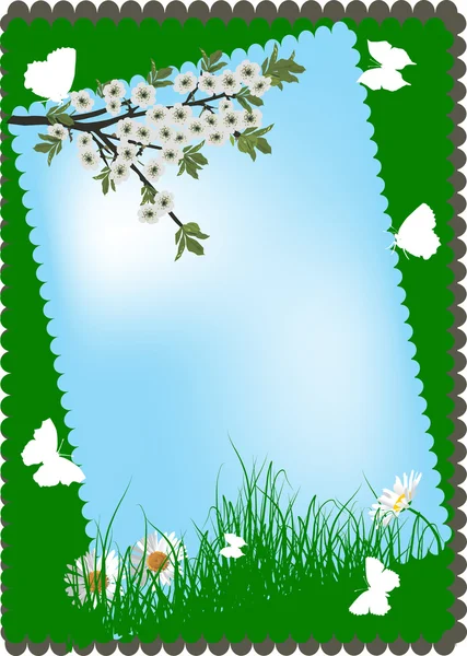 stock vector cherry tree flowers and butterflies on sky background