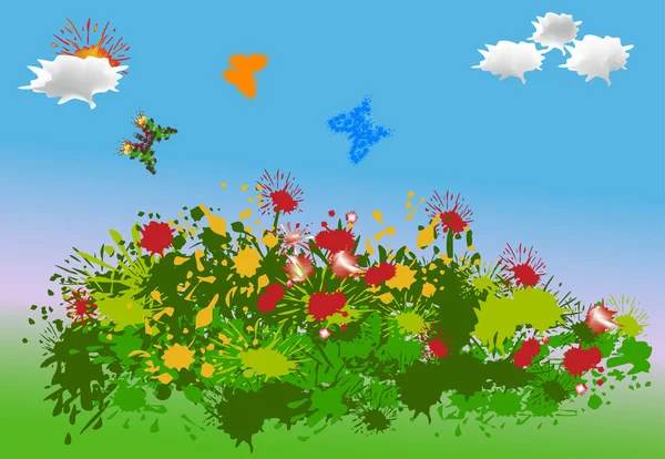 Painted butterflies and flowers landscape — Stock Vector