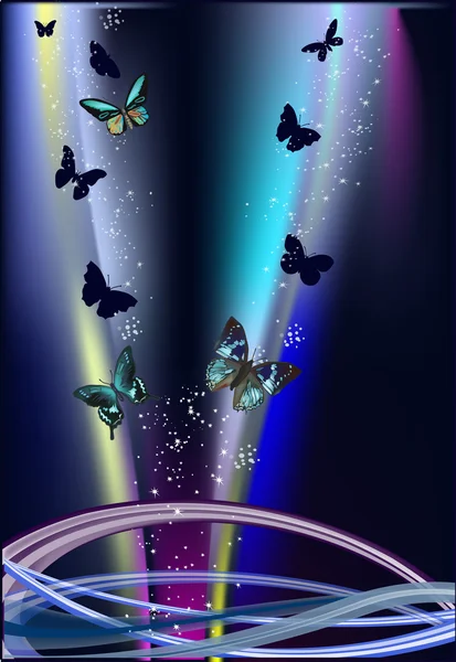 Ilustración azul oscuro con mariposas y líneas — Vector de stock