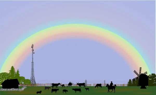 Rainbow above cows on field — Stock Vector