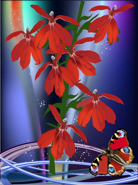 红色兰花花和上蓝色的蝴蝶 — 图库矢量图片