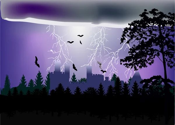 Lightning above castle in forest illustration — Stock Vector