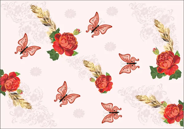 バラと蝶とピンクの背景 — ストックベクタ