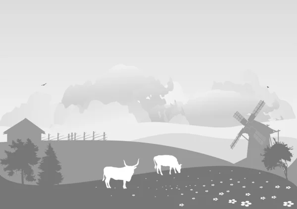 Сельский пейзаж с коровами на поле — стоковый вектор