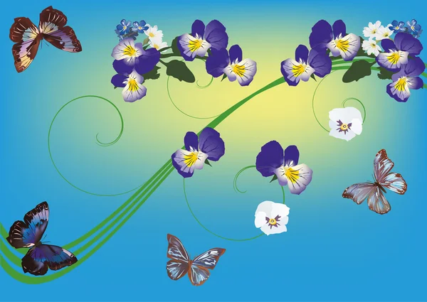 Niebieskie kwiaty i motyle cztery — Wektor stockowy