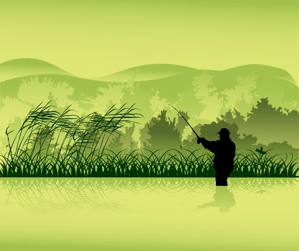 Силуэт рыбака в зеленом пейзаже — стоковый вектор
