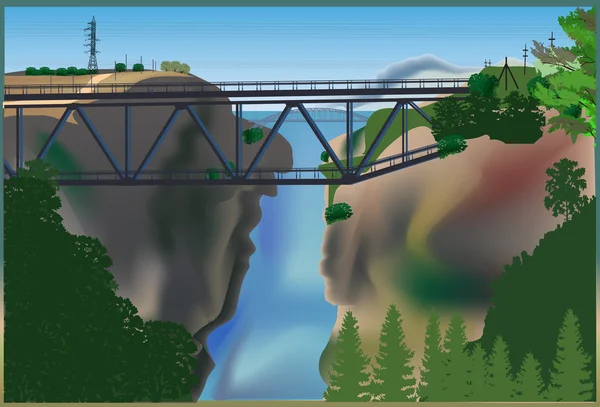Bridge above waterfall illustration — Stock Vector
