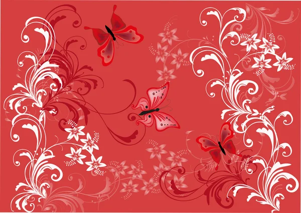Red butterflies in curled background — Stock Vector