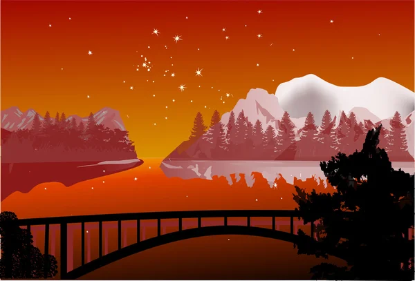 Червона ілюстрація з мостом і горами — стоковий вектор