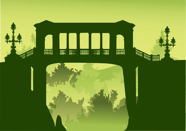 Γέφυρα πάνω από τον γκρεμό, με καταπράσινο δάσος — Διανυσματικό Αρχείο