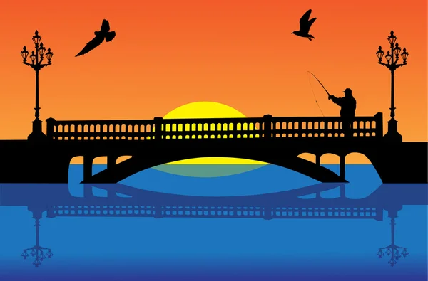 Pescador na ponte ao pôr do sol — Vetor de Stock