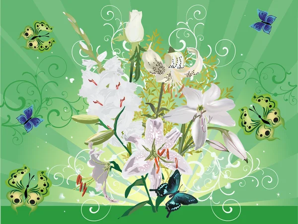 Butterflies and white lily flowers on green — Stock Vector