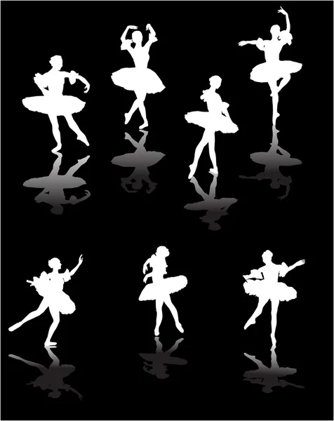 Seven white ballet dancers with reflections — Stock Vector