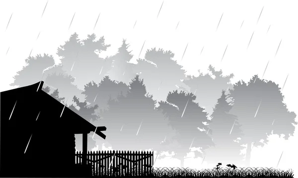 Petite maison près de forêt sous la pluie — Image vectorielle