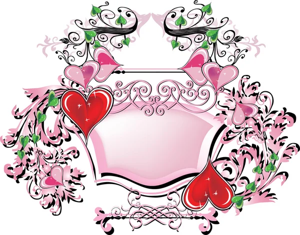 Marco rosa y corazones rojos en blanco — Vector de stock