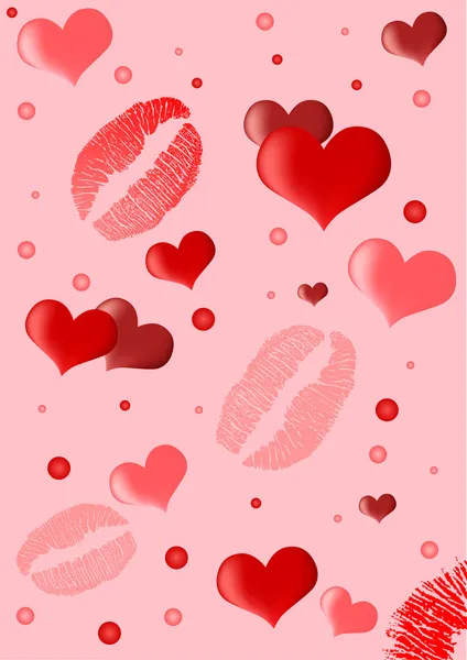 Rote Lippenstifte und Herzen auf rosa Hintergrund — Stockvektor