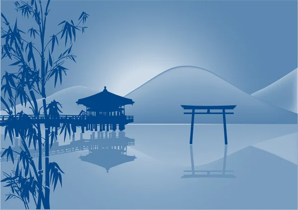 Pabellón y reflexión en azul estanque ilustración — Vector de stock
