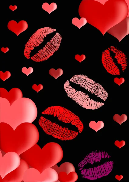 Rode lippenstift en harten op zwarte achtergrond — Stockvector