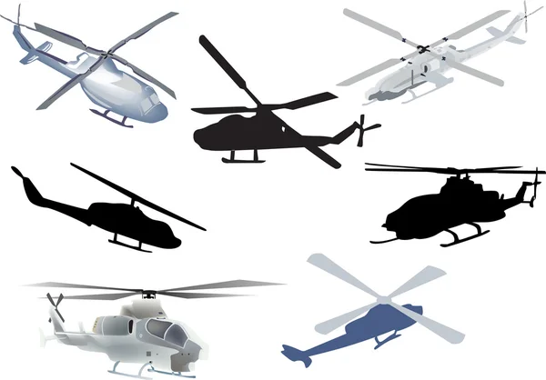 Set of seven helicopters isolated on white — Stock Vector