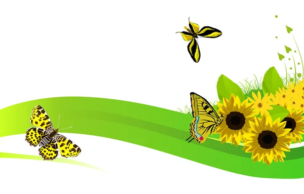Sunflowers and yellow butterflies in green grass — Stock Vector