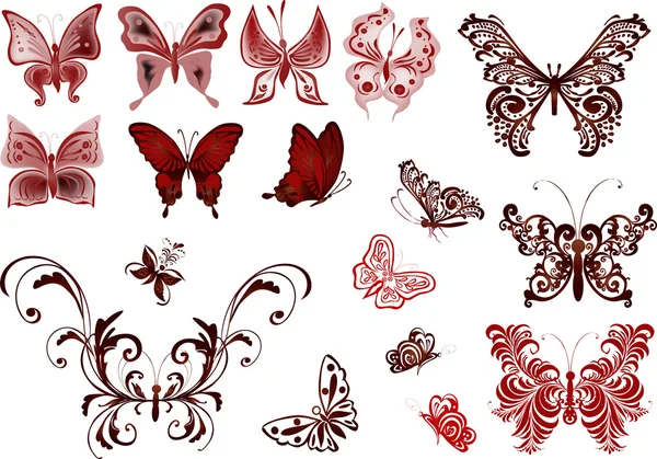 Kolekce červená malovaná motýli — Stockový vektor