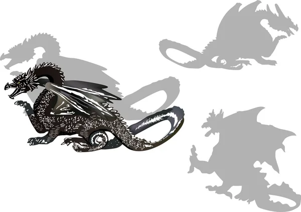 Черный дракон и тени, изолированные на белом — стоковый вектор