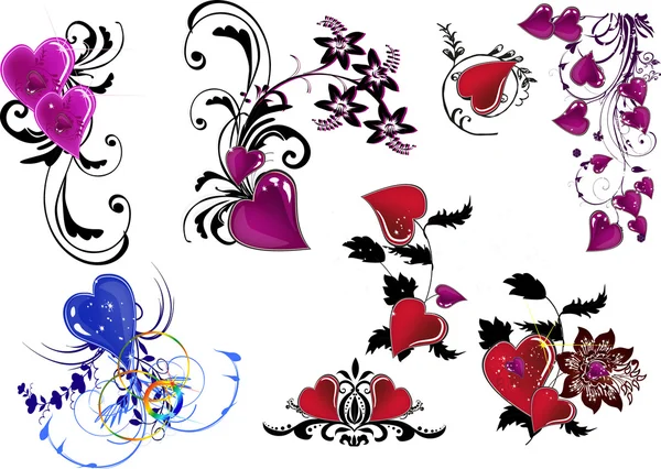Conjunto de elementos florales con corazones — Archivo Imágenes Vectoriales