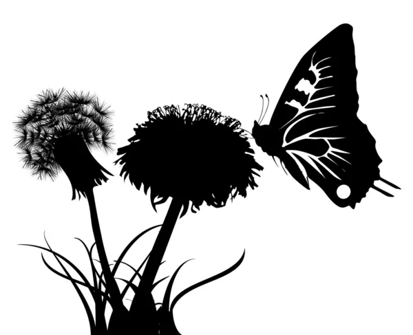 Silhouetten van vlinder en twee paardebloemen — Stockvector