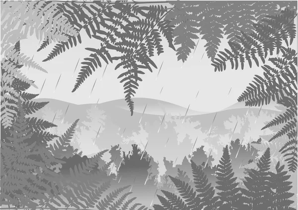 Lluvia en bosque gris ilustración — Vector de stock