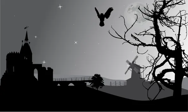 Hibou au-dessus château de nuit — Image vectorielle