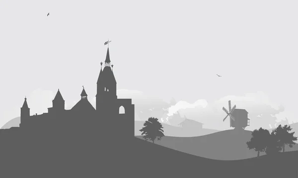 Castle in country landscape grey illustration — Stock Vector