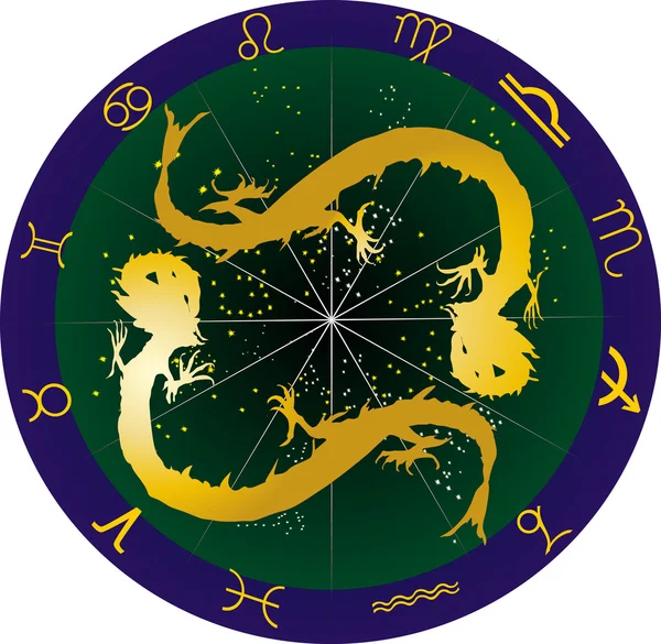 Draghi e simboli zodiacali illustrazione — Vettoriale Stock
