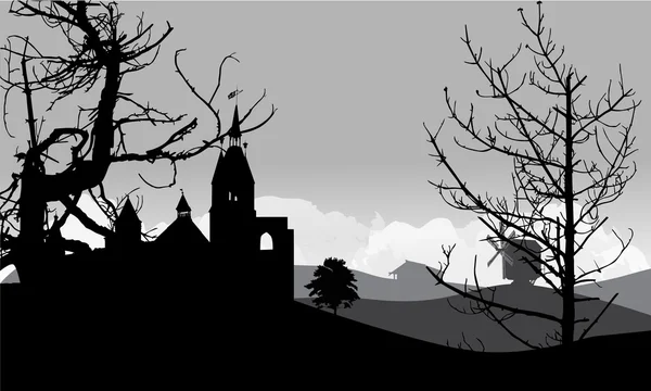 Burg und abgestorbene Bäume Illustration — Stockvektor