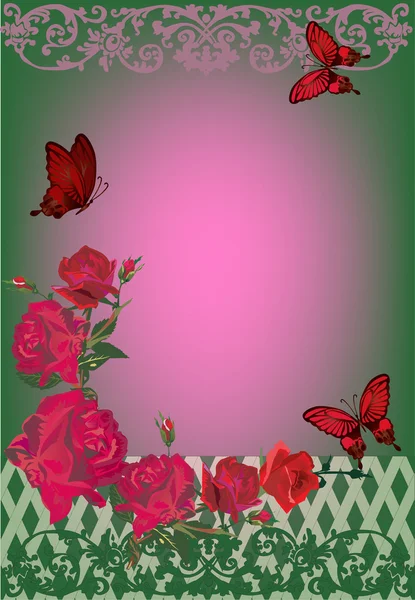 Bright red roses and butterflies on green — Stock Vector