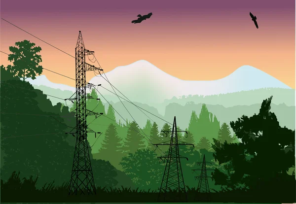 Ligne électrique dans la forêt près des montagnes — Image vectorielle
