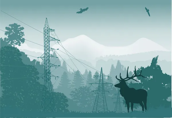 Herten in groen bos in de buurt van elektrische lijn — Stockvector
