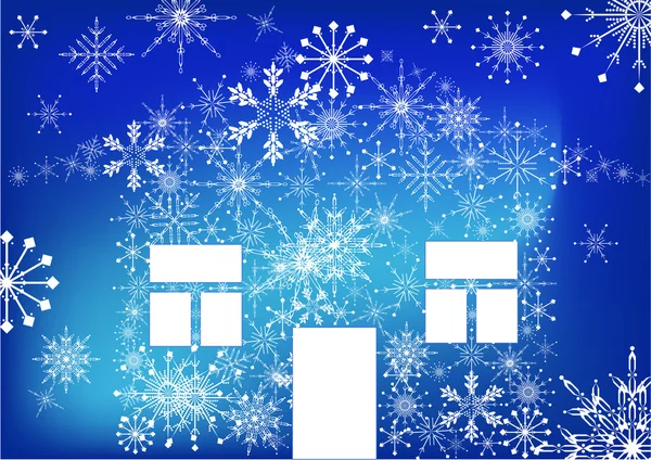 Bianco casa fiocchi di neve su blu — Vettoriale Stock