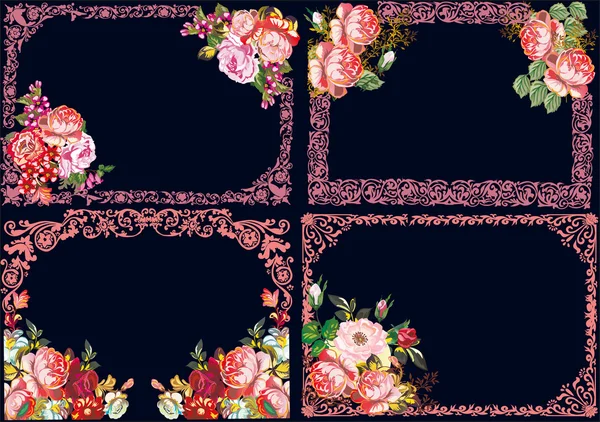 Rose florale Vierrahmendekorationen auf schwarz — Stockvektor