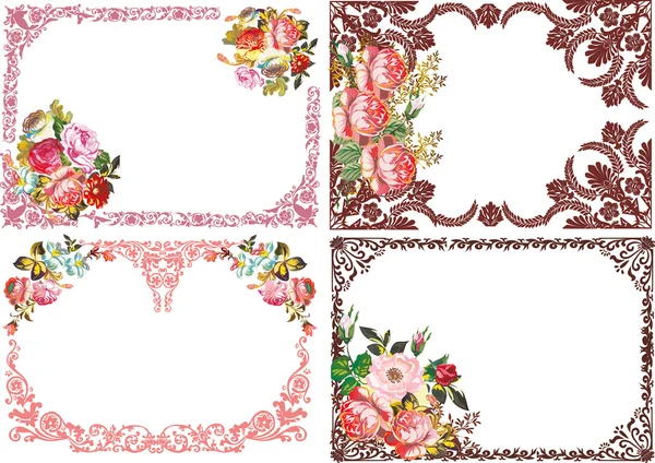 Quatre magnifiques cadres isolés de fleurs de rose — Image vectorielle