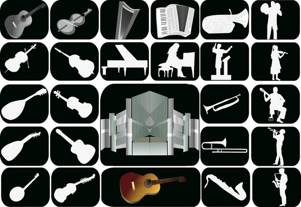 Set of music instruments isolated on black — Stock Vector