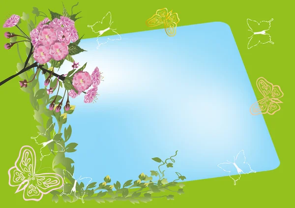 Różowe wiśniowe kwiaty na zielono i niebiesko — Wektor stockowy