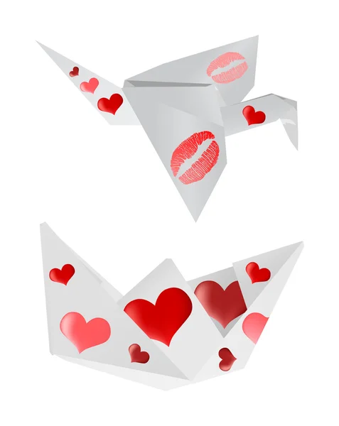 Barco de papel y grúa con corazones — Archivo Imágenes Vectoriales