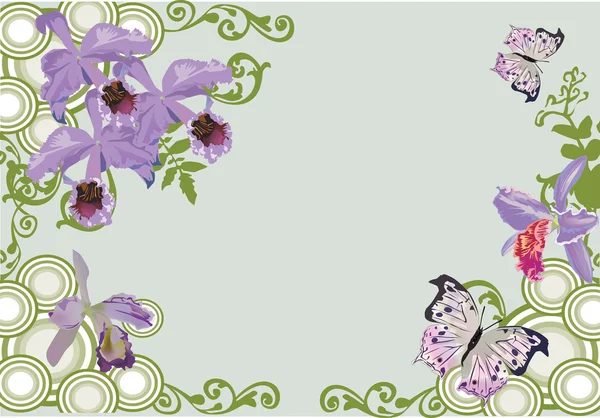 Flores de orquídea lila y mariposas en verde — Vector de stock