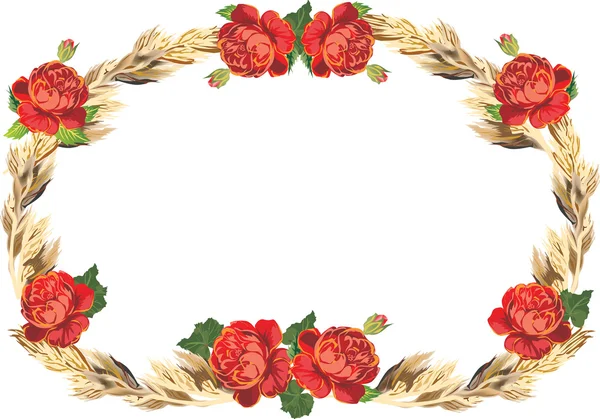 Fleurs roses rouges et cadre d'herbe sèche — Image vectorielle