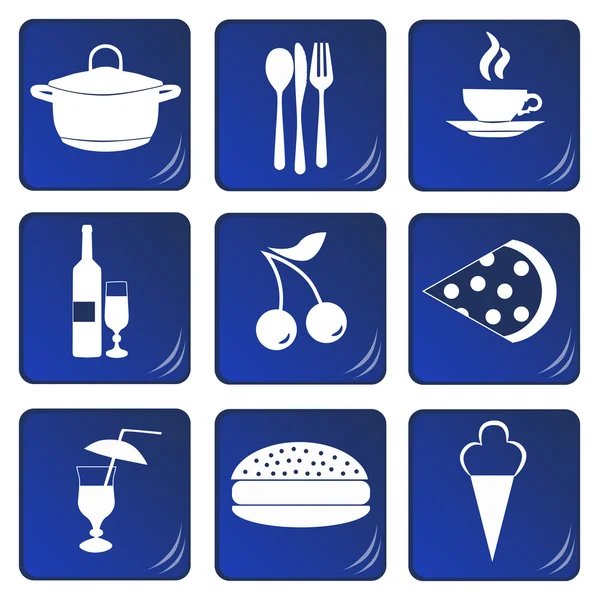 Alimentos y bebidas relacionados con iconos azules — Archivo Imágenes Vectoriales