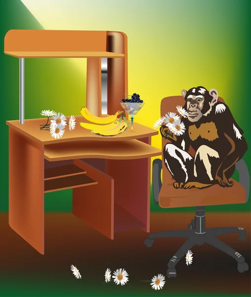 Scimmia con fiori in sedia da ufficio — Vettoriale Stock