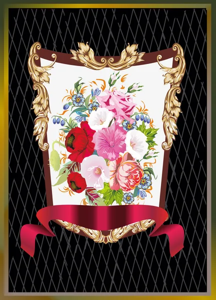 Flores rosas y rojas en marco dorado — Vector de stock