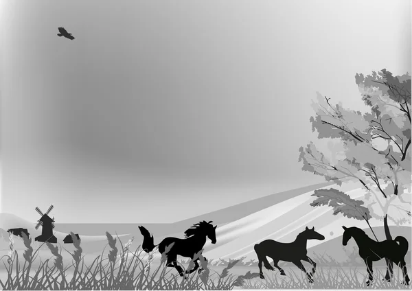 Hästar i grå land landskap — Stock vektor
