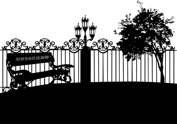 Скамейка и дерево в парке рядом с забором — стоковый вектор